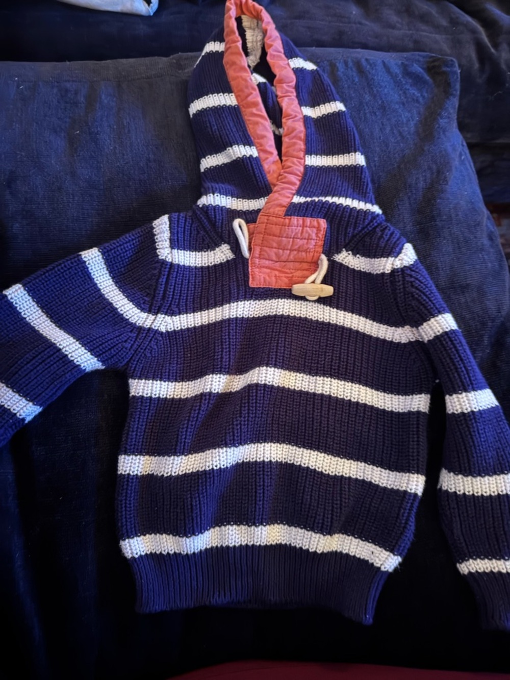 Baby 24 months Navy and White Striped Hooded Sweater with Coral Trim